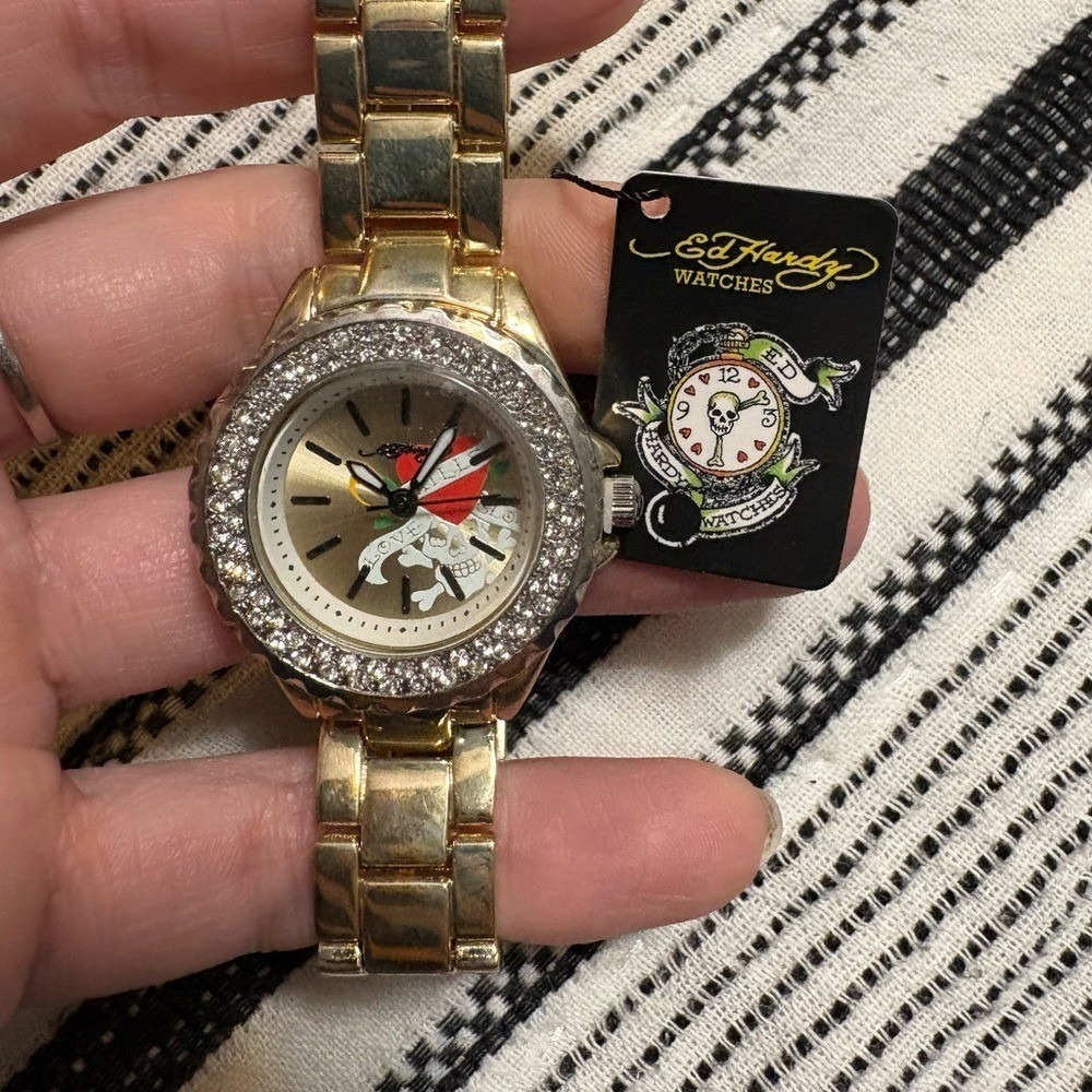 Ed Hardy Y2K Watch Love Kills Slowly Gold Rhinestone NWT Deadstock
